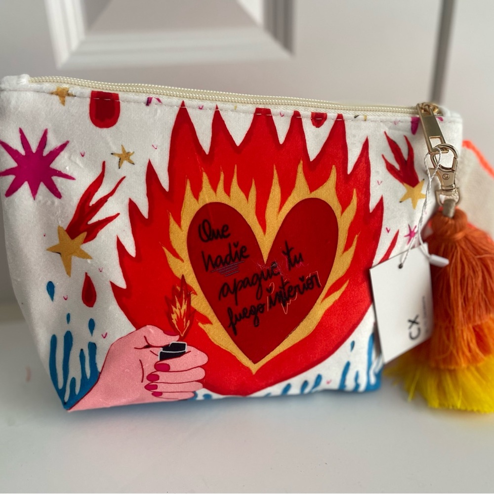 Graphic Flame Heart Cosmetic Pouch - White & Red